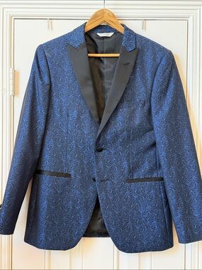 Lineage Mens Blue Jacquard Tuxedo Dinner Jacket Blazer 38R Black Peak Lapel